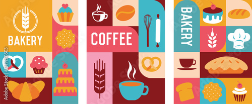  Geometric Bakery and coffee Background,  icons and elements for 
poster, banner, cover design, restaurant cafe, food menu. Hand drawn illustration.