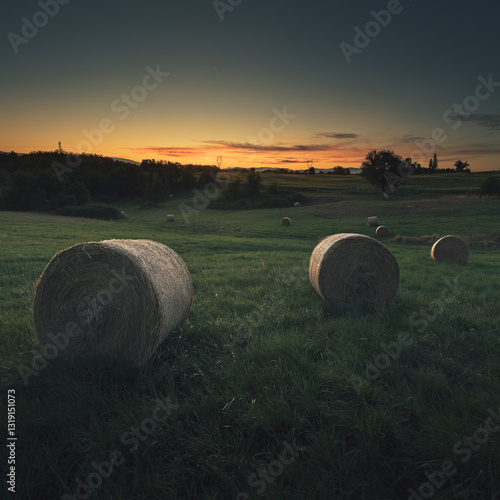 Bottes de foin soleil couchant