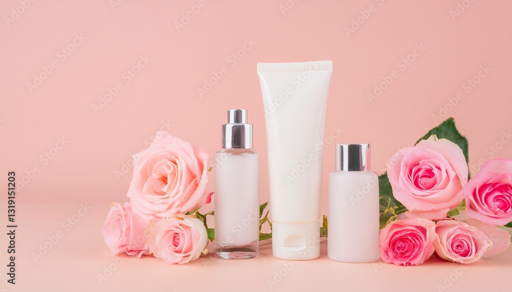beauty products arranged with pink roses in a gentle setting. The display is aesthetically pleasing, showcasing skincare products surrounded by elegant flowers beauty products arranged with pink roses in a gentle setting. The display is aesthetically pleasing, showcasing skincare products surrounded by elegant flowers