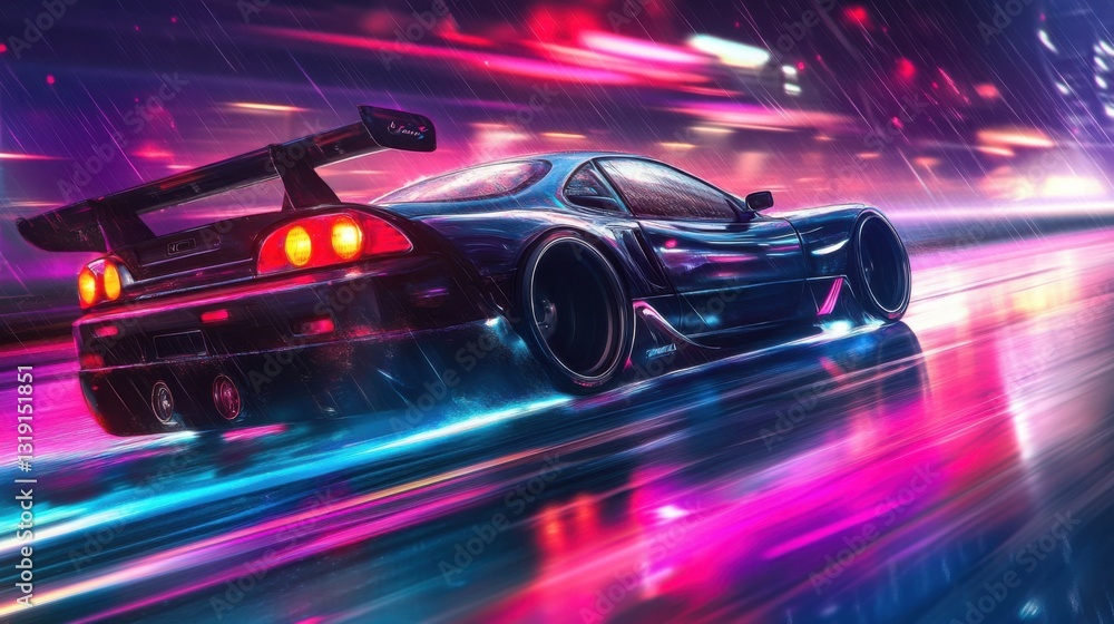 Dynamic Night Scene with Sports Car Under Neon City Lights Dynamic Night Scene with Sports Car Under Neon City Lights