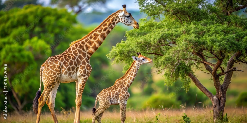 Obraz premium Adult giraffe and calf peacefully grazing near a lush green tree in a vibrant savanna landscape