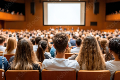 Academic lecture hall full of engaged students at university campus for higher education learning experience