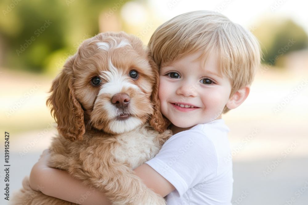 Heartwarming bond between child and fluffy puppy on a joyful day outdoors Heartwarming bond between child and fluffy puppy on a joyful day outdoors