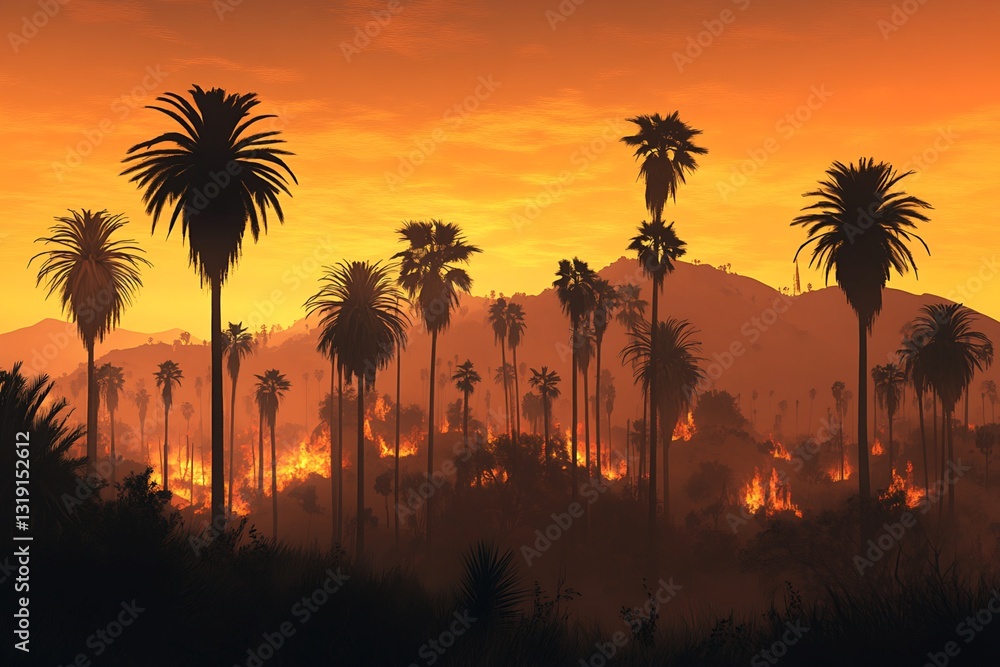 Obraz premium Wildfire in Palm Tree Grove at Sunset