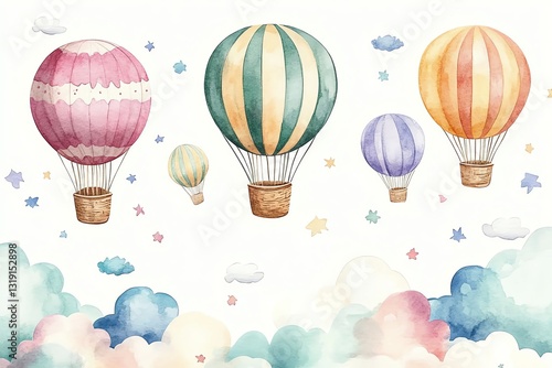 Whimsical Watercolor Hot Air Balloons Floating Amidst Pastel Clouds