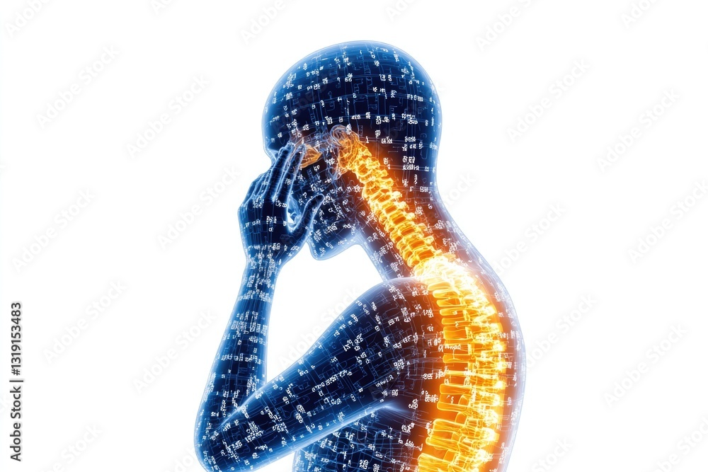Obraz premium Digital illustration of human skeleton highlighting neck and spine pain concept for medical research and healthcare design