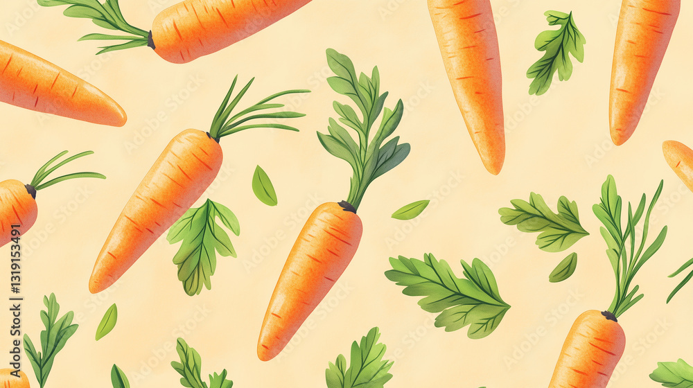 Seamless pattern of hand-drawn carrots and green leaves on a pastel background, perfect for food branding Seamless pattern of hand-drawn carrots and green leaves on a pastel background, perfect for food branding