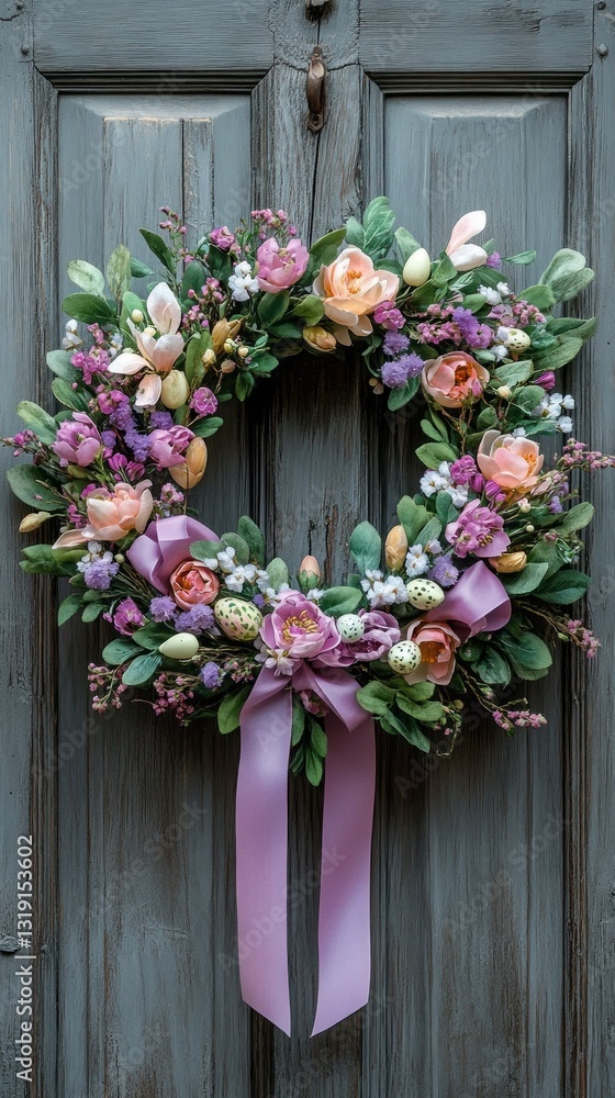 A beautiful wreath made of fresh flowers and greenery hangs gracefully on a weathered wooden door. The vibrant colors and textures create a welcoming atmosphere, celebrating spring A beautiful wreath made of fresh flowers and greenery hangs gracefully on a weathered wooden door. The vibrant colors and textures create a welcoming atmosphere, celebrating spring