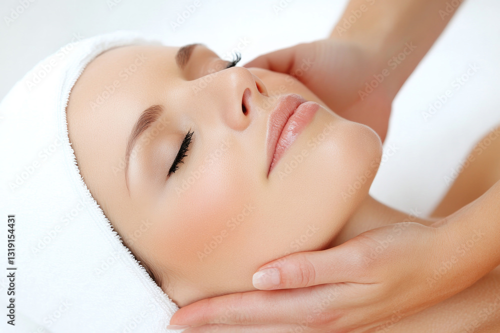 Relaxation and wellness concept: close-up of a woman enjoying a calming facial massage, perfect for spa and self-care promotion Relaxation and wellness concept: close-up of a woman enjoying a calming facial massage, perfect for spa and self-care promotion