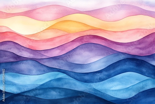Serene Watercolor Landscape: Pastel Hills and Tranquil Waves