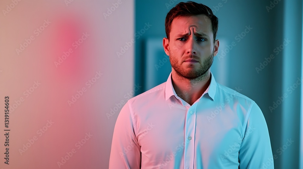 Fototapeta premium Man in White Shirt Experiencing Digestive Discomfort with Red Highlight