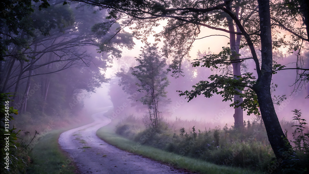 Fototapeta premium Enchanted forest path. Ethereal mist hovering over winding path in tranquil forest