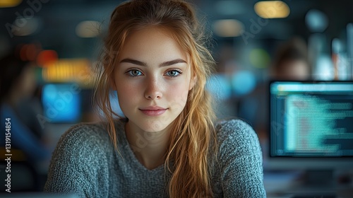 A group of four individuals, including a young girl and three adults, engage with a computer during a coding class.