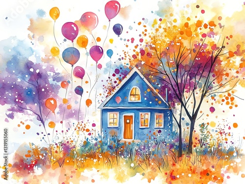 Blue House Watercolor Painting: Autumnal Balloons and Vibrant Hues