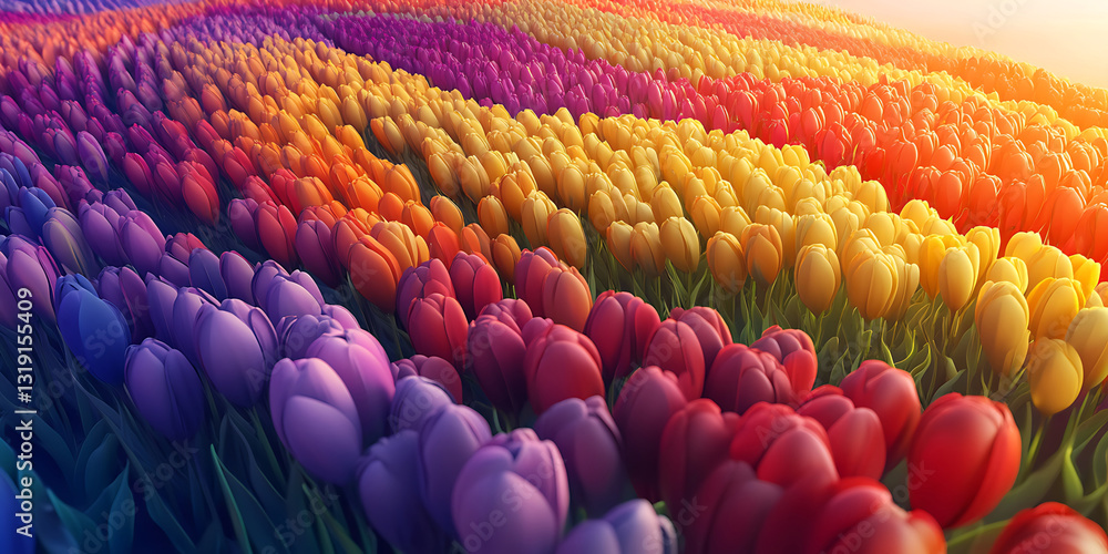 Obraz premium Aerial View of a Patchwork of Vibrant Tulip Fields in Full Bloom for Spring Landscapes, Floral Art, or Agricultural Promotion