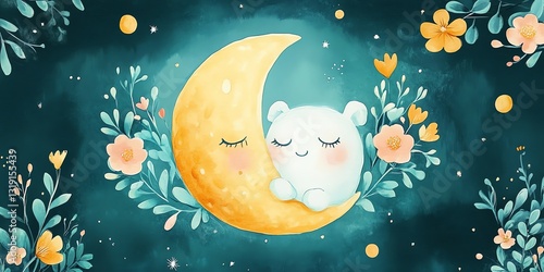 Sweet Dreams: A Whimsical Watercolor of a Sleeping Cub on a Crescent Moon