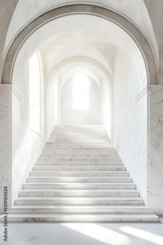 Obraz premium Minimalist marble staircase in arched corridor. Soft diffused light, clean lines and neutral tones.