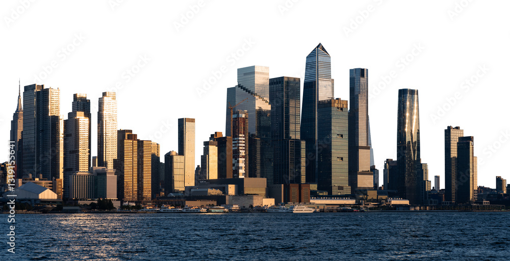 Obraz premium New York City skyline featuring modern skyscrapers with reflective glass facades, isolated on a white background. Urban cityscape of Manhattan, USA