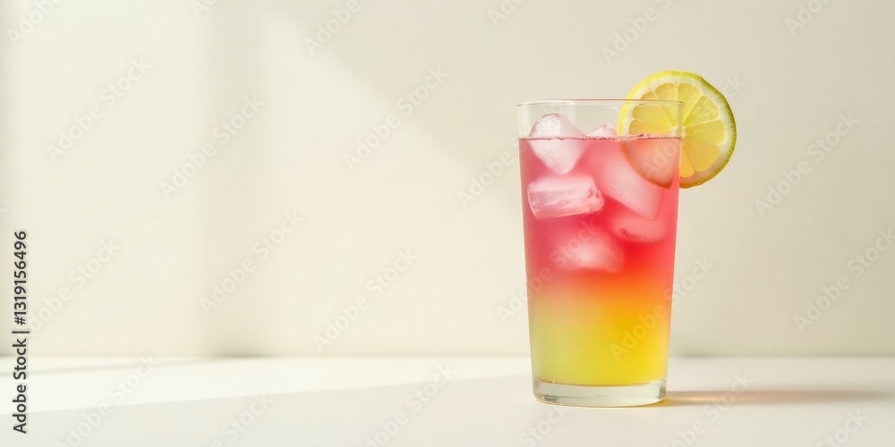 Refreshing layered beverage with ice cubes and citrus garnish in tall glass Refreshing layered beverage with ice cubes and citrus garnish in tall glass