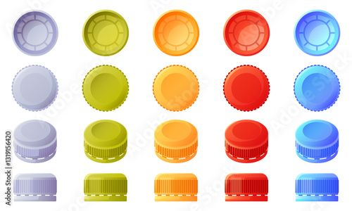 Bottle cap of different colors. Set of caps from different angles, top and bottom view, side view. Recycling of plastic caps, plastic trash. Vector illustration on white background.