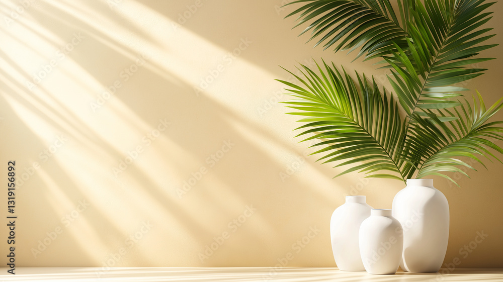 Fototapeta premium Elegant white vases with palm leaves casting shadows on beige wall create serene atmosphere. interplay of light and shadow enhances tranquil setting