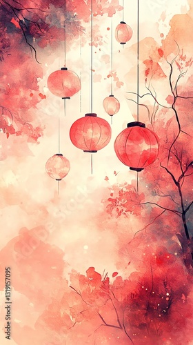 Watercolor Serenity: Red Lanterns Hanging in a Dreamy Blossom Garden