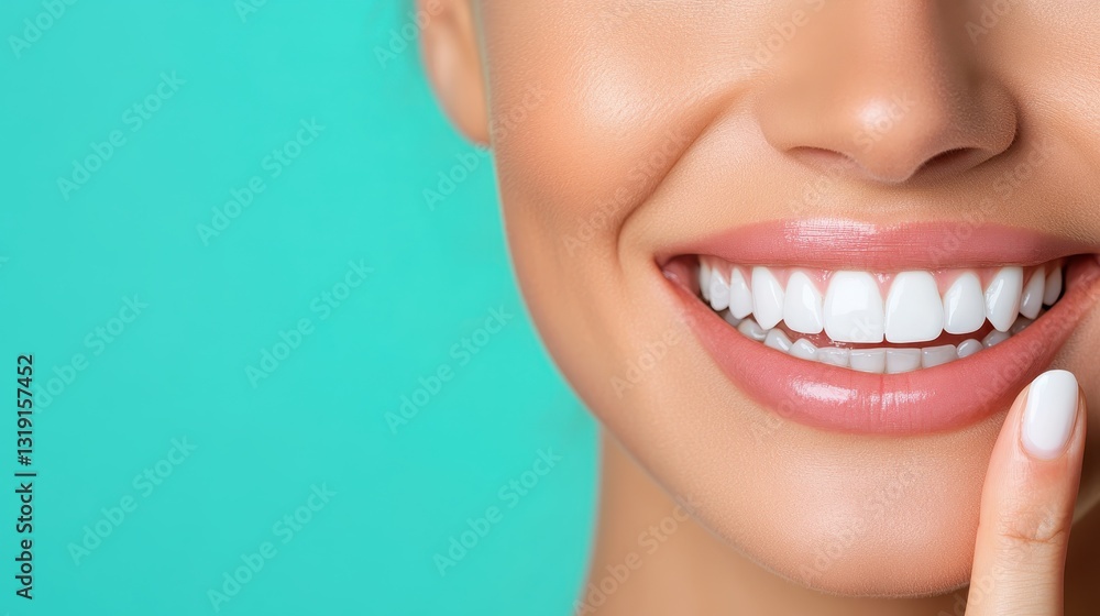 A beautiful model flashes a radiant smile showcasing her perfect white teeth against a vibrant turquoise background, highlighting dental health and confidence. A beautiful model flashes a radiant smile showcasing her perfect white teeth against a vibrant turquoise background, highlighting dental health and confidence.
