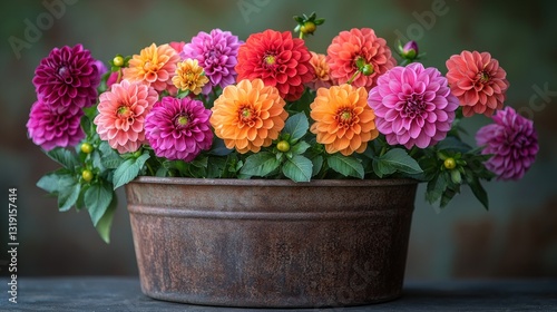 Wallpaper Mural Vibrant dahlia flowers in a rustic rusty pot Torontodigital.ca