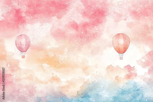 Pastel Watercolor Hot Air Balloons Soaring Through Dreamy Skies
