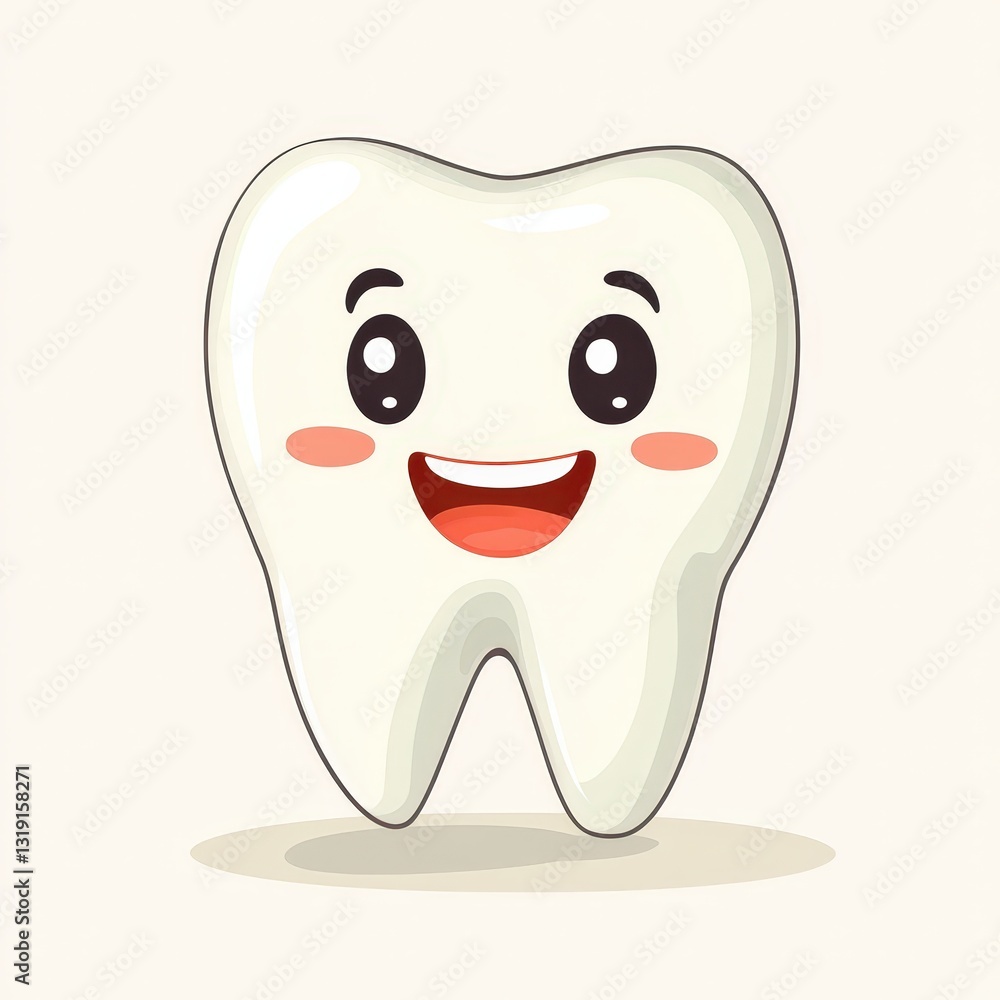 Flat happy tooth cartoon with big smile and friendly face Flat happy tooth cartoon with big smile and friendly face