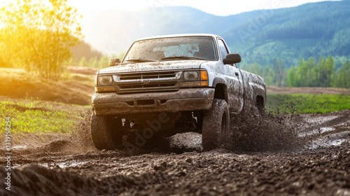 Off-Road Pickup Truck Navigating Through Muddy Terrain at Sunset