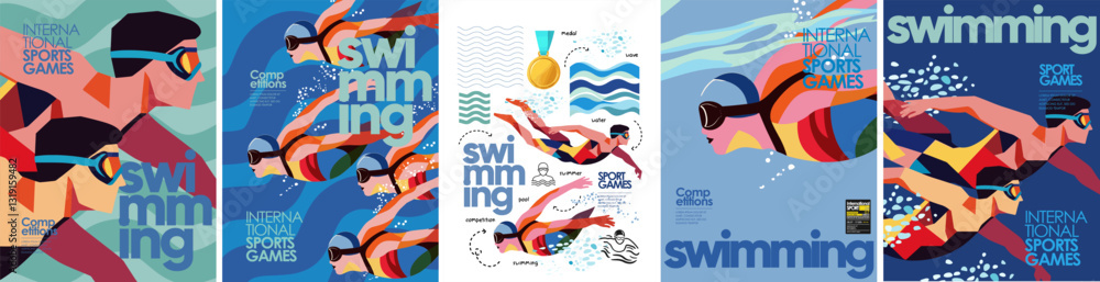 Fototapeta premium Swimming. Sport. Vector abstract geometric illustration of swimmer on competition in pool and water, swimming people underwater in goggles for poster, invitation, flyer or background
