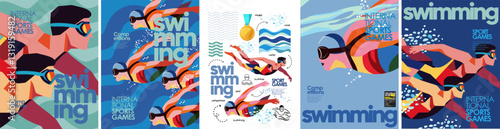 Swimming. Sport. Vector abstract geometric illustration of swimmer on competition in pool and water, swimming people underwater in goggles for poster, invitation, flyer or background