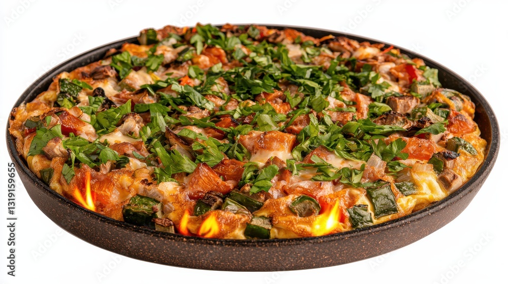 Hot Savory Pizza with Meat and Vegetables on Dark Pan Hot Savory Pizza with Meat and Vegetables on Dark Pan