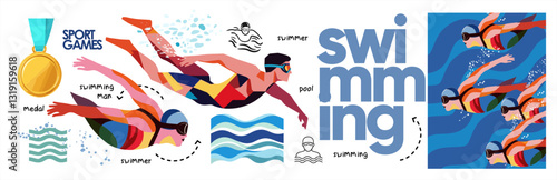 Swimming. Sport. Vector abstract geometric illustration of swimmer on competition in pool and water, medal, swimming people underwater in goggles on white background for icons, symbol and sign