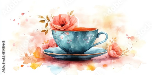 Floral Watercolor Teacup: A Delicate and Romantic Scene