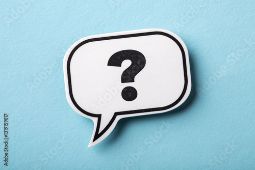 Question mark inside speech bubble on blue background, symbolizing curiosity, FAQ, and communication
