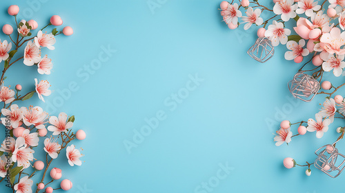 Floral composition with pink blossoms and decorative elements on pastel blue background, creating serene and cheerful atmosphere