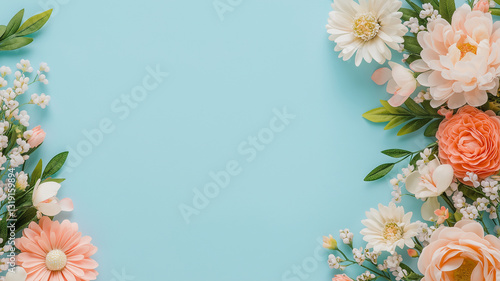 Floral arrangement with pastel colors on blue background, featuring various flowers like daisies, roses, and greenery, creating fresh and vibrant atmosphere