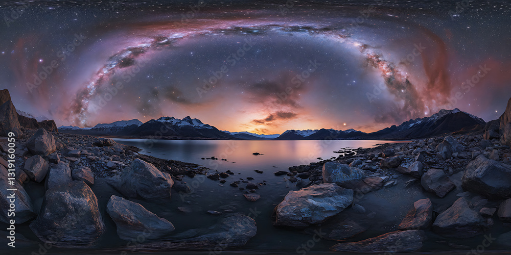 Naklejka premium Endless Starry Night Sky Above a Quiet Mountain Lake for a Tranquil and Cosmic View