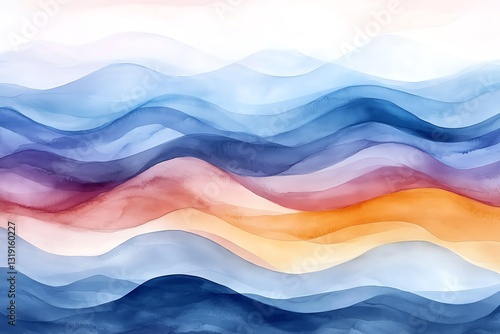 Serene Watercolor Waves: A Tranquil Blue and Orange Landscape