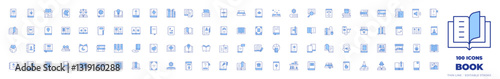 100 Book Icons Collection. Line Duotone style, editable stroke. open book, phone book, books, book, audio book, comic book, magic book, law book, contact book