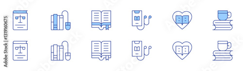 Book icon set in two styles, Duotone and Thin Line style. Editable stroke. audio book, law book, books, book, open book