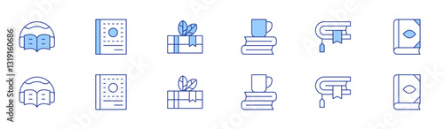 Book icon set in two styles, Duotone and Thin Line style. Editable stroke. audio book, book, books