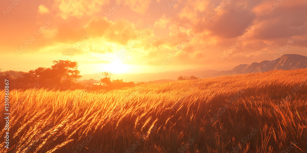 Golden Wheat Field Swaying in the Wind Under a Warm Sunset for a Picturesque Countryside Scene Golden Wheat Field Swaying in the Wind Under a Warm Sunset for a Picturesque Countryside Scene