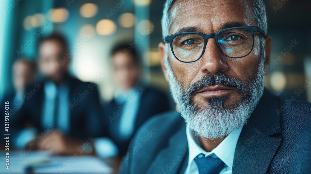 A serious middle-aged man with a well-groomed beard and glasses gazes intently at the camera, showcasing a business meeting environment indicating focus and professionalism. A serious middle-aged man with a well-groomed beard and glasses gazes intently at the camera, showcasing a business meeting environment indicating focus and professionalism.
