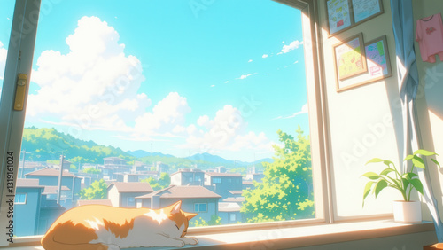 Wallpaper Mural anime wallpaper illustration background, Cozy Morning with a Sleeping Cat by a Sunlit Window Overlooking a Scenic Town.. Torontodigital.ca