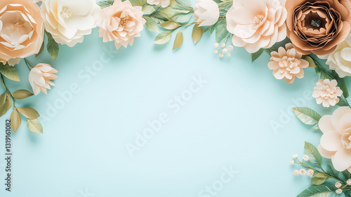 Beautiful floral frame with paper flowers in soft colors on light blue background, perfect for invitations or decorative purposes