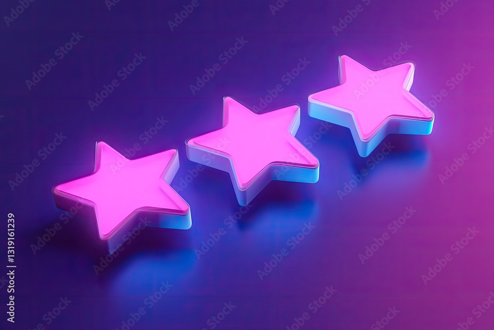 Three Dimensional Neon Pink Stars on Purple Background Glowing Brightly Three Dimensional Neon Pink Stars on Purple Background Glowing Brightly