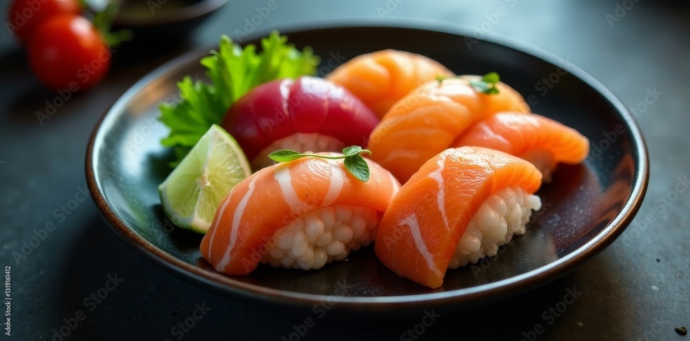 Delicious Salmon and Tuna Sushi on a Dark Plate with Lime Garnish Delicious Salmon and Tuna Sushi on a Dark Plate with Lime Garnish